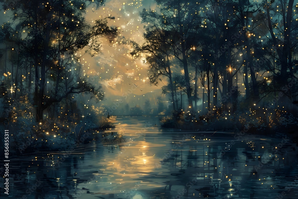 The painting is a beautiful depiction of a moonlit forest. sparkling stars.