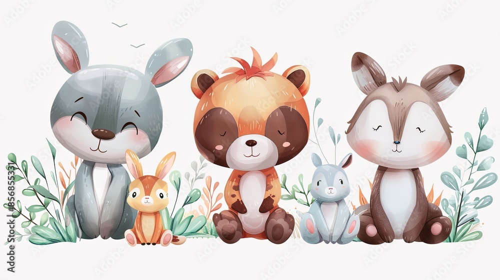 A cozy group of woodland creatures including a rabbit, bear, and deer A cozy group of woodland creatures including a rabbit, bear, and deer