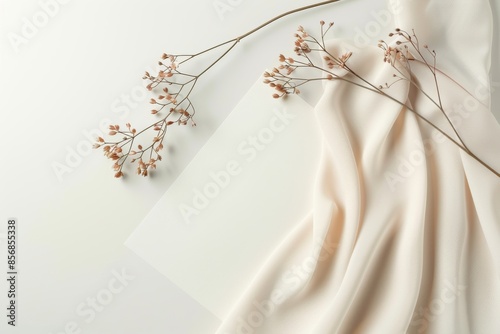 Delicate Dried Flowers and Soft Fabric Drape on a White Background