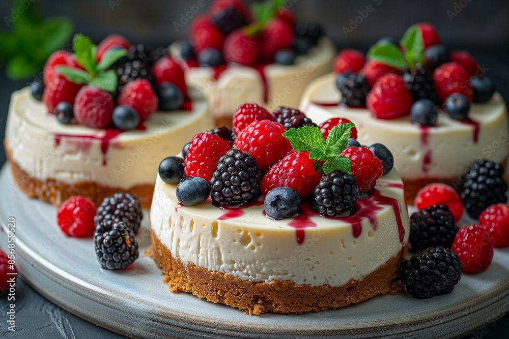 Closeup of Fresh Berry Topped Cheesecakes on Plate Closeup of Fresh Berry Topped Cheesecakes on Plate