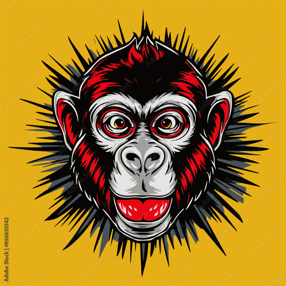 A colorful illustration of a monkeys head with a spiky black border on a yellow background A colorful illustration of a monkeys head with a spiky black border on a yellow background