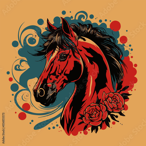 A digital illustration of a red horses head with a floral design and swirls behind it