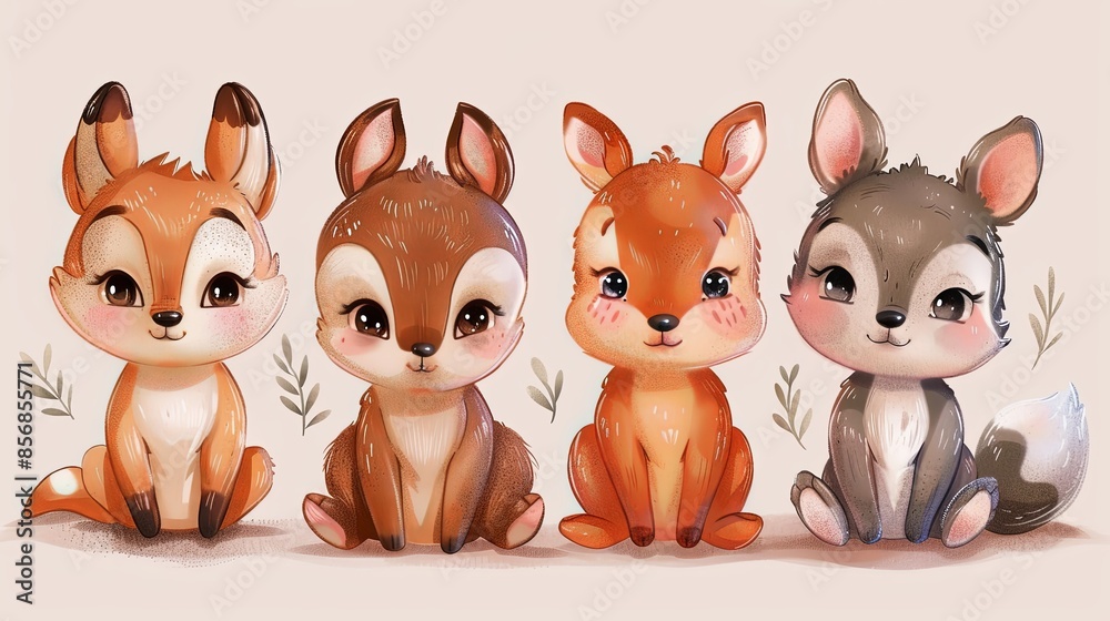 A group of four adorable cartoon forest animals with friendly faces and soft colors, ideal for children's content A group of four adorable cartoon forest animals with friendly faces and soft colors, ideal for children's content