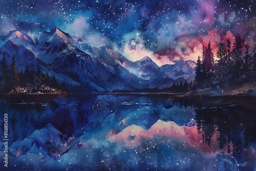 The watercolor painting shows a beautiful landscape with mountains, a lake and a night sky full of stars. photo