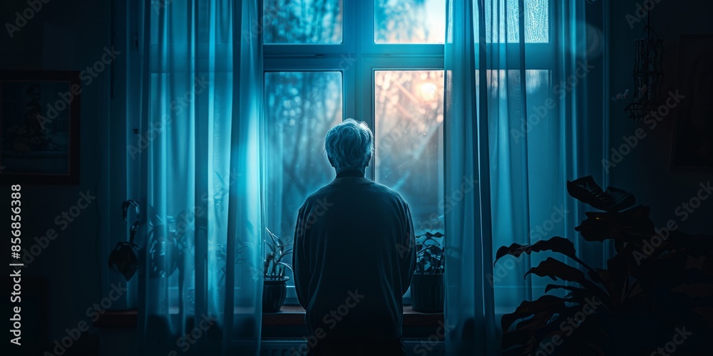 Solitary Reflection: A Man Gazes Out a Window at Dawn in a Calm, Blue-Hued Room Solitary Reflection: A Man Gazes Out a Window at Dawn in a Calm, Blue-Hued Room