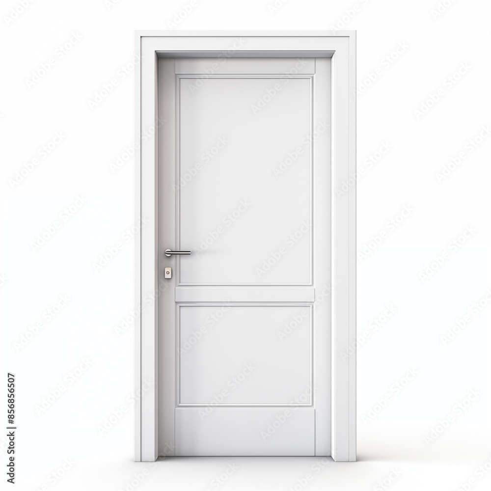 3D rendering of a classic white door with a silver handle on a white background 3D rendering of a classic white door with a silver handle on a white background