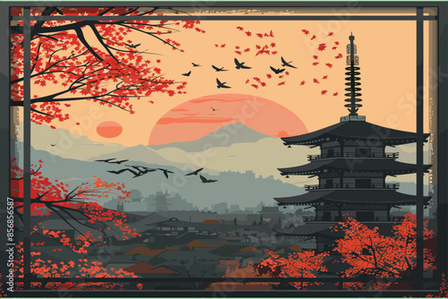Famous landmarks of Japan in autumn nature cartoon background. Fantasy illustration of Japanese art style. Old traditional japan house. Korean background image in pastel tones.