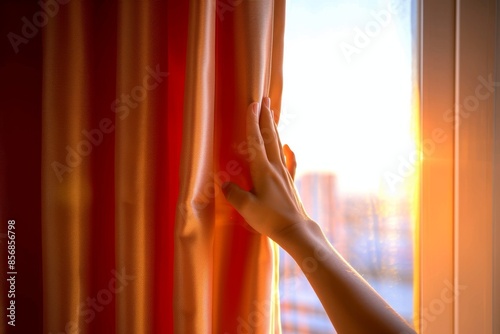 Hand opening curtain in the morning Hand opening curtain in the morning