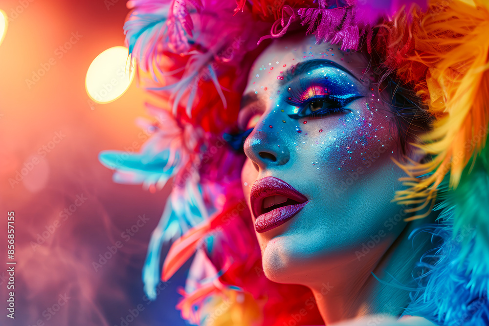 An elegant drag queen in colorful makeup and wigs An elegant drag queen in colorful makeup and wigs