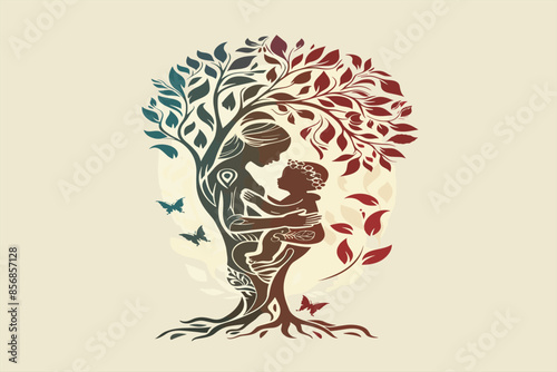 Unique Tree Vector illustration of a mother holding baby. happy mother's day. mother holding a child tree logo design for mother day. 