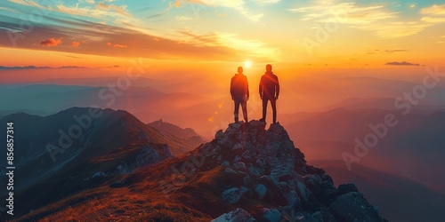 Two Friends Watching a Stunning Mountain Sunset from the Peak