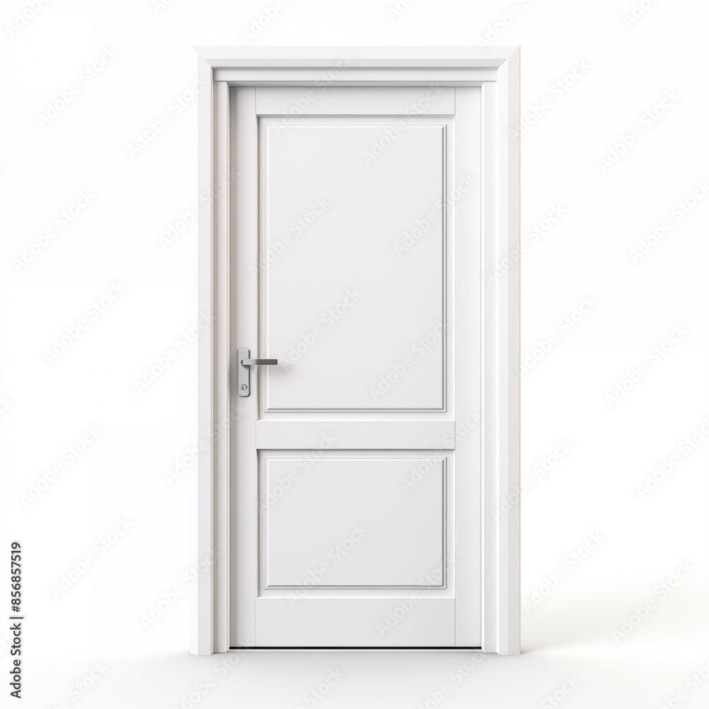 3D rendering of a single white door with a silver handle on a white background 3D rendering of a single white door with a silver handle on a white background