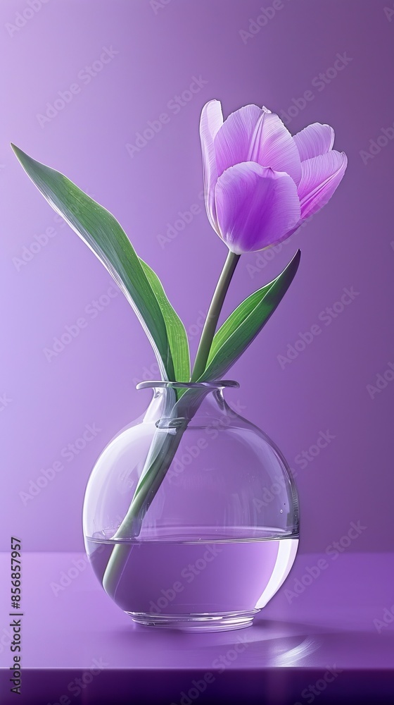 Single lavender tulip in a glass vase against a gradient purple background, studio shot. Simplicity and elegance concept Single lavender tulip in a glass vase against a gradient purple background, studio shot. Simplicity and elegance concept