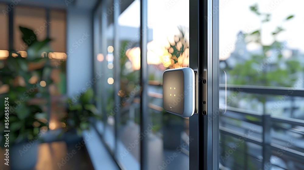 Modern smart home device mounted on a glass door in a bright, cozy apartment overlooking a balcony with plants, illuminated by natural light. Modern smart home device mounted on a glass door in a bright, cozy apartment overlooking a balcony with plants, illuminated by natural light.