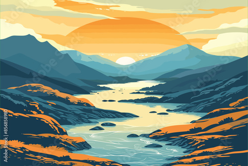 Beautiful mountain lake scenery with clear still water, mountain ridge, dense forest, meadow shores and tall pine trees in the foreground. Generative Ai. landscape river vector Made with Generative AI