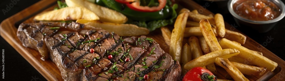 Grilled steak with seasoning served with crispy fries and fresh vegetables on wooden platter, paired with dipping sauce on the side. Grilled steak with seasoning served with crispy fries and fresh vegetables on wooden platter, paired with dipping sauce on the side.