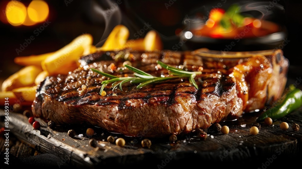 Deliciously grilled steak garnished with herbs served with sauce and fries. Perfect for a savory and appetizing dining experience. Deliciously grilled steak garnished with herbs served with sauce and fries. Perfect for a savory and appetizing dining experience.