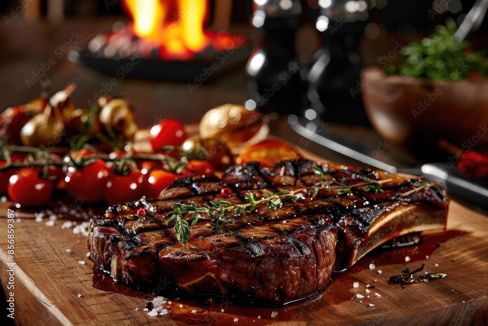 Grilled steak with tomatoes and mushrooms on a wooden board, garnished with herbs, with a warm fire in the background. Grilled steak with tomatoes and mushrooms on a wooden board, garnished with herbs, with a warm fire in the background.