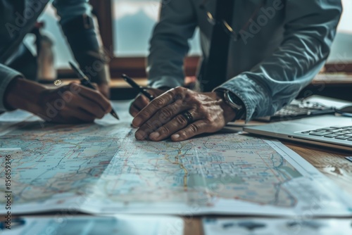 Planning Their Next Adventure: Two Individuals Carefully Trace Routes on a Detailed Map