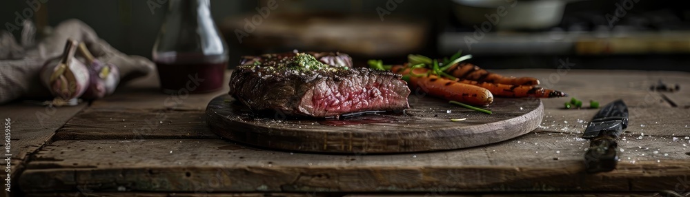 A deliciously presented steak paired with grilled vegetables on a rustic wooden table, perfect for food blogs and culinary publications.