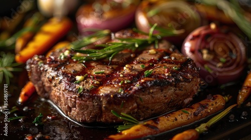 Delicious grilled steak with herbs and vegetables on a dark background. Perfectly cooked and garnished with fresh rosemary for a savory meal.