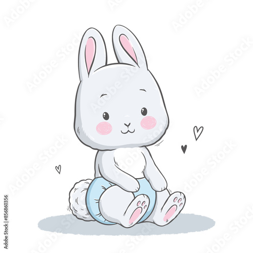 Vector illustration of cute white gray bunny, rabbit, hare. Cute animal portrait in pastel colors. Stickers, wall art, baby shower, kids room decoration, easter decoration, print, design, poster.