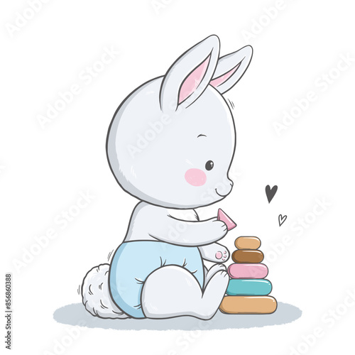 Vector illustration of cute white gray sitting bunny, rabbit, hare. Cute animal portrait with a toy in pastel colors. Stickers, wall art, baby shower, kids room decoration, easter decoration, print.
