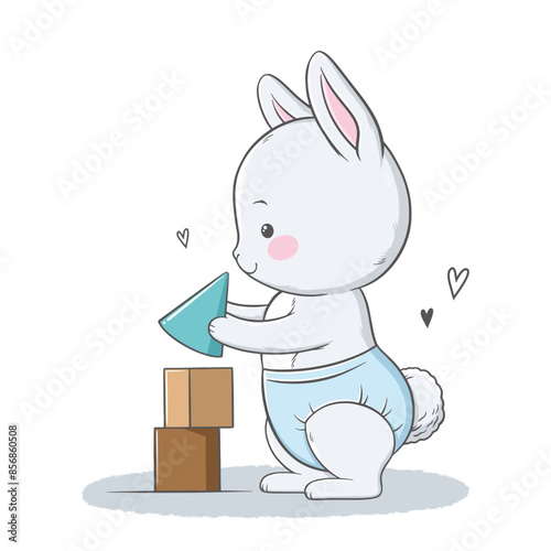 Vector illustration of cute white gray bunny, rabbit, hare playing with a toy. Cute animal portrait in pastel colors. Stickers, wall art, baby shower, kids room decoration, print, design, poster.