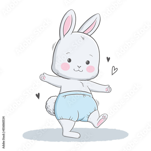 Vector illustration of cute white gray bunny, rabbit, hare taking its first steps. Cute animal portrait in pastel colors. Stickers, wall art, baby shower, kids room decoration, print, design, poster.