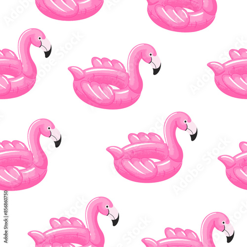 seamless pattern of rubber inflatable pink flamingo for the pool. Swim rings in flat style on white background. Swimming in pool with rubber circles, summertime water activities. Rubber toy for water