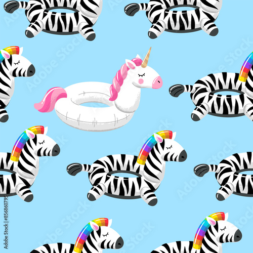 A pattern of rubber inflatable zebras and unicorns for the pool. Swim rings in flat style on blue background. Swimming in pool with rubber circles, summertime water activities. Rubber toy for water