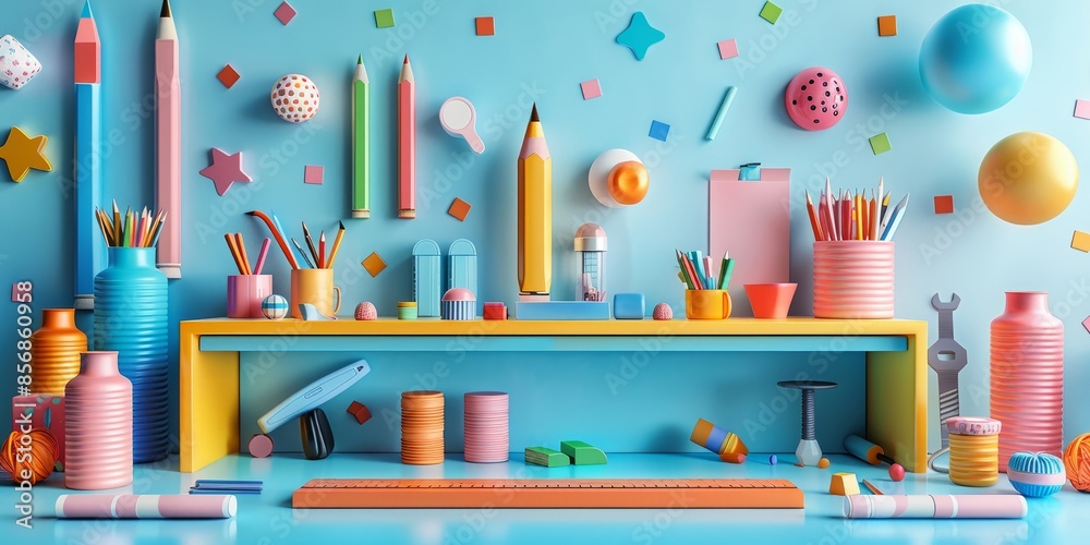 Obraz premium Colorful Workspace Full of Stationery and Art Supplies on a Blue Background