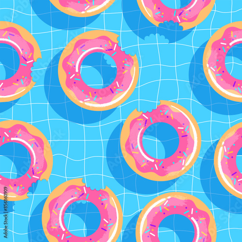 seamless pattern of rubber inflatable donut for the pool. Swim rings in flat style on the cell background. Swimming in pool with rubber circles, summertime water activities. Rubber toy for water