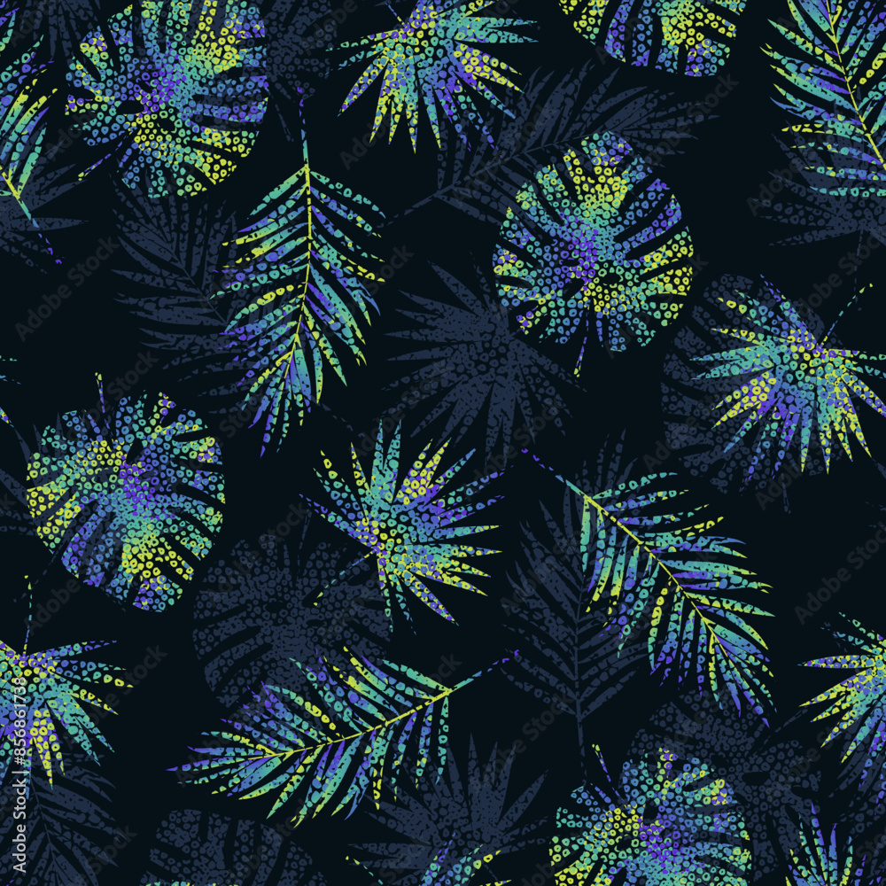 Abstract pattern with tropical leaves and abstract dots. Monstera pattern Abstract pattern with tropical leaves and abstract dots. Monstera pattern