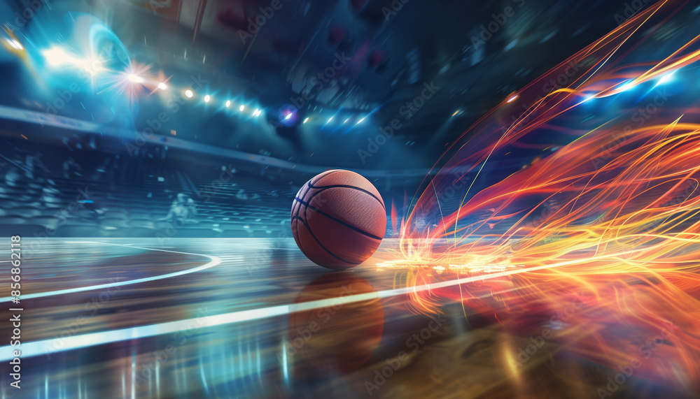 Dynamic basketball scene with motion trails on an indoor court, capturing the vibrant energy and action of the sport. Dynamic basketball scene with motion trails on an indoor court, capturing the vibrant energy and action of the sport.