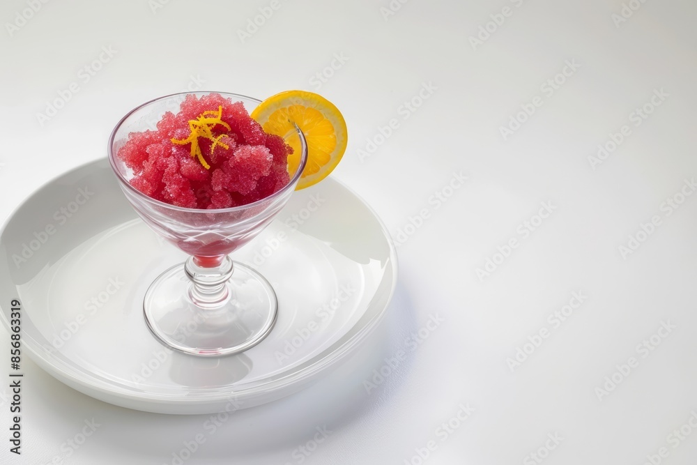 Chilled Coupe Glass Filled with Campari & Orange Granita and Orange Slice Chilled Coupe Glass Filled with Campari & Orange Granita and Orange Slice