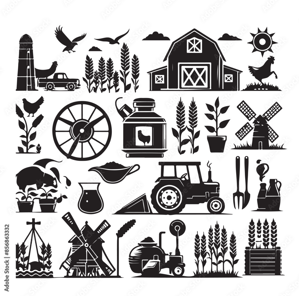 Naklejka premium vector black agriculture and farming icons set