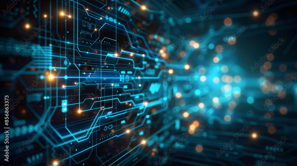 Fototapeta premium Glowing neural network and data nodes in advanced tech interface on dark background.