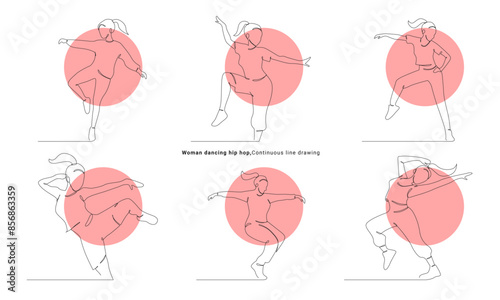 Set woman dancing hip hop continuous line drawing of a woman energetic hip-hop dancer practicing.