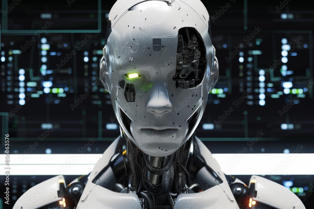 Artistic 3D illustration of a cyborg with artificial intelligence