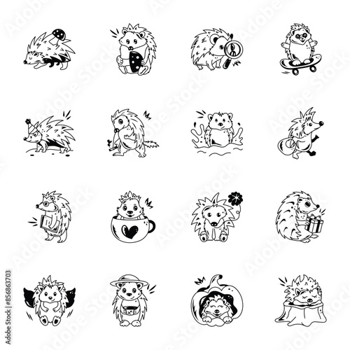Modern Doodle Icons of Cute Porcupines 

