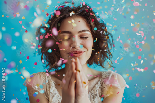 Beautiful happy smiling young woman blow confetti from hands