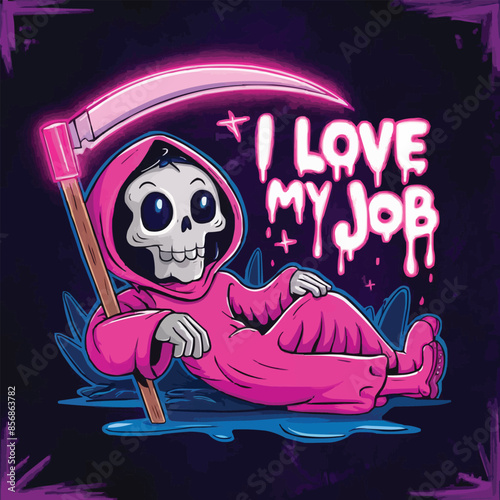 A whimsical and colorful illustration of a cartoon grim reaper with a cutely designed skull, wearing a bright pink robe, and holding ascythe. The scythe itself has a neon pink glow.