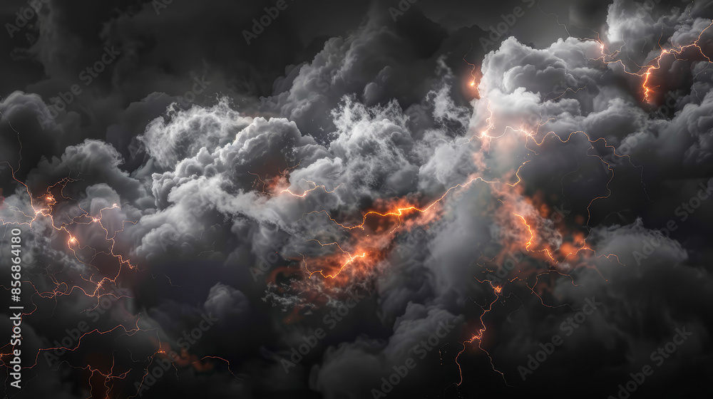Black smoke storm clouds with fire and lightnings Black smoke storm clouds with fire and lightnings