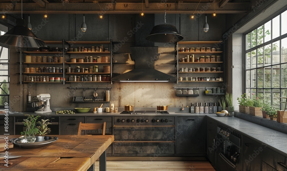 Industrial kitchen with a blank spice rack