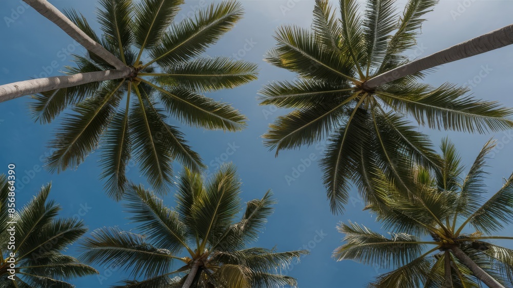 A photograph taken from below of several tall palm trees with lush green fronds against a clear blue sky A photograph taken from below of several tall palm trees with lush green fronds against a clear blue sky
