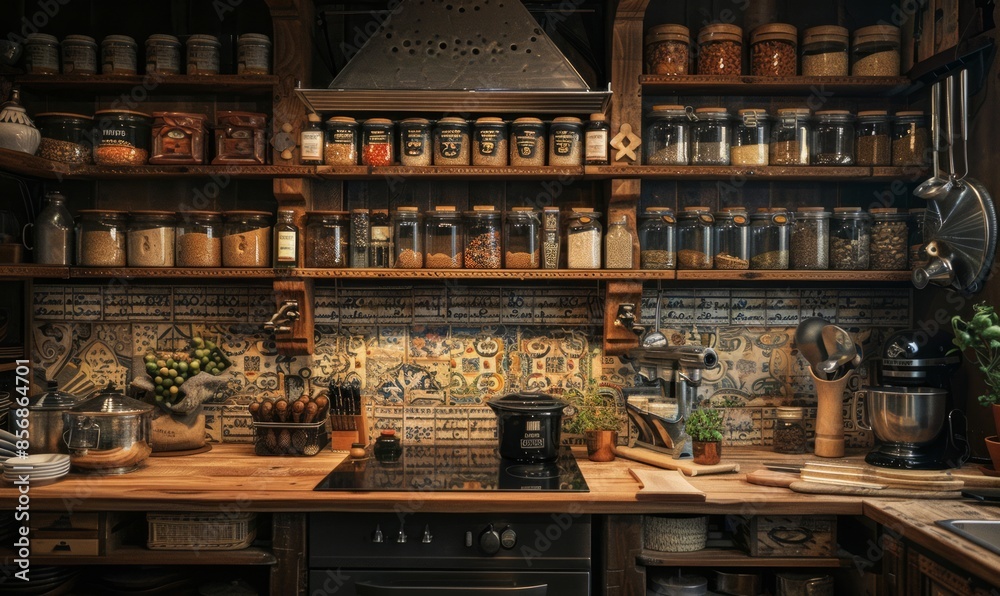Rustic kitchen with an empty spice rack Rustic kitchen with an empty spice rack