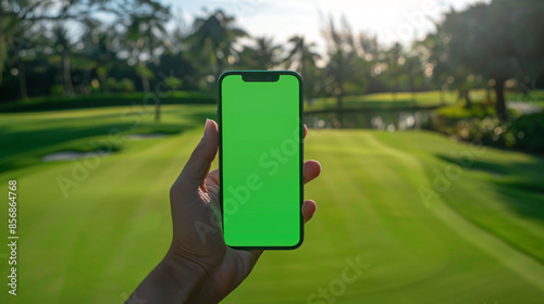 Golfer holding smartphone mockup with green screen on golf course.