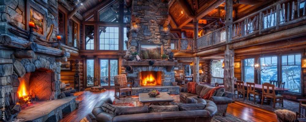 Rustic log home with a large stone fireplace. Rustic log home with a large stone fireplace.