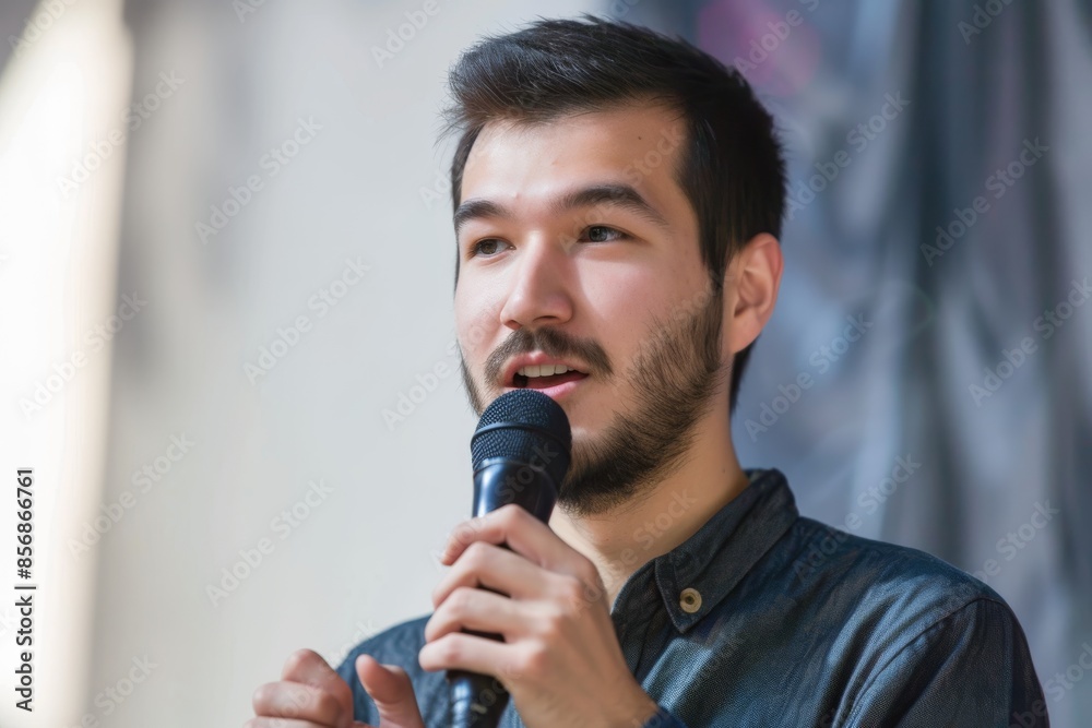 young businessman is speaking with a microphone young businessman is speaking with a microphone
